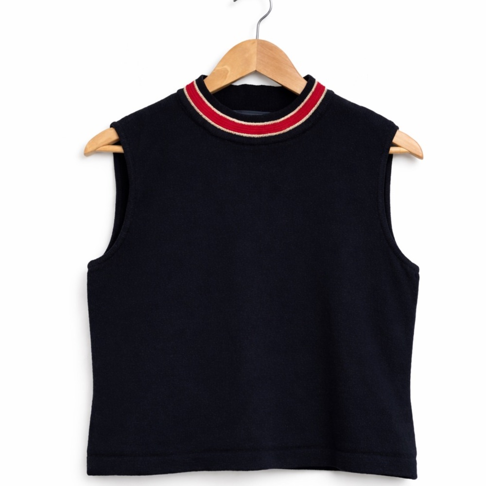 St John Marie Gray Santana Knit Sleeveless Top Navy Trim Vintage Size M USA - Picture 2 of 7